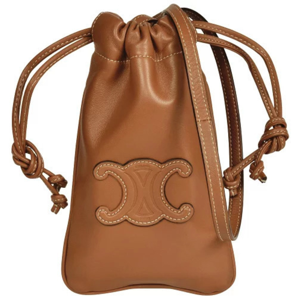 Celine Cuile Triomphe Drawstring Mobile Pouch Clutch Shoulder Bag Lambskin Brown